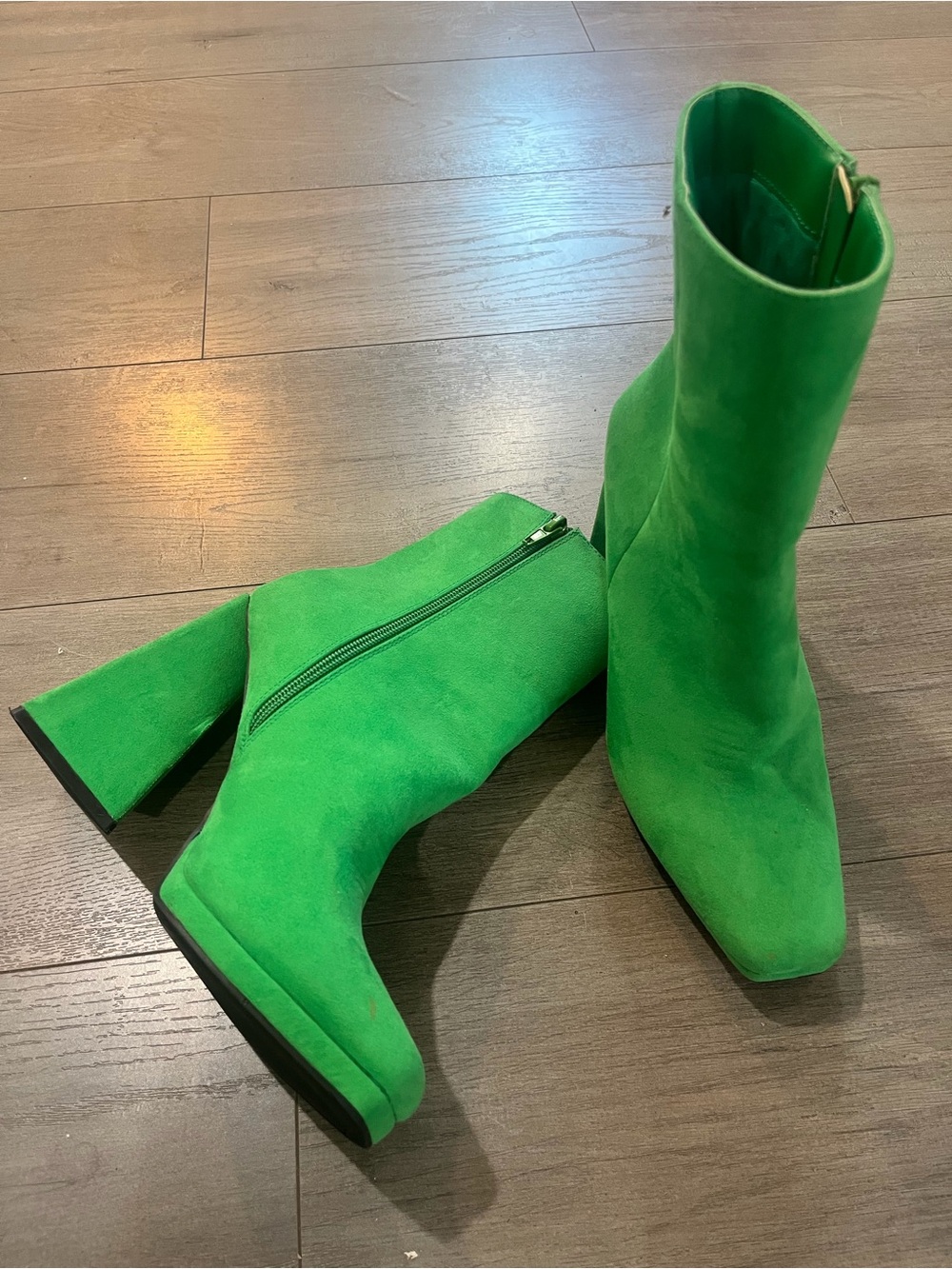 Sheln Vibrant Green Suede Block Heel Ankle Boots - Women's Heeled Boots
